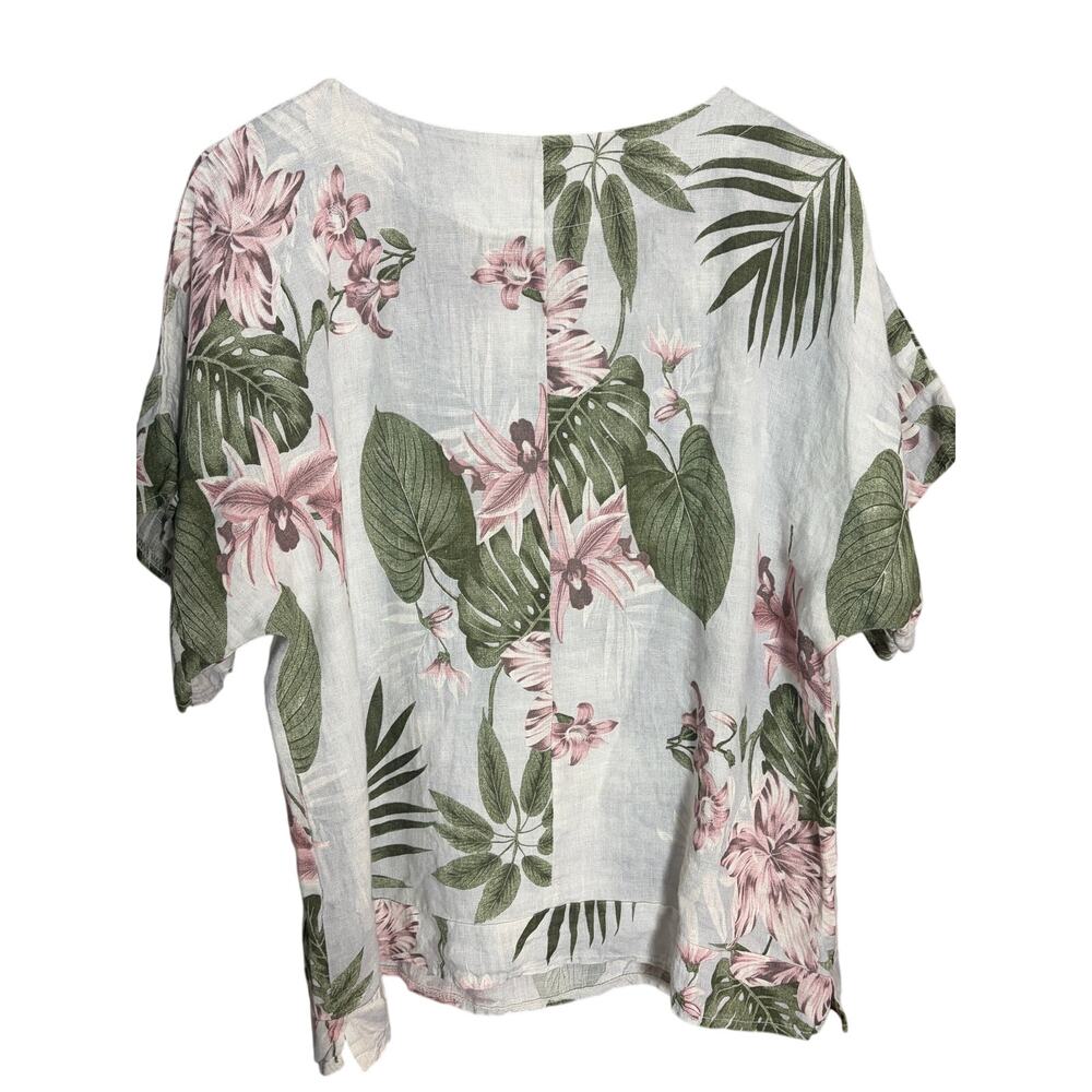 Pistache Italy 100% Linen Floral Top Medium Tropical Botanical Blouse Resort - Picture 2 of 7